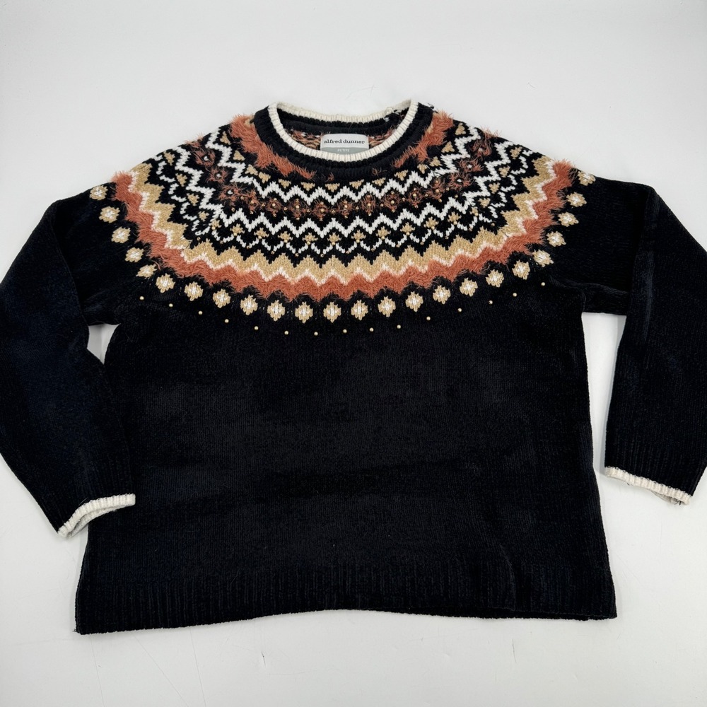 Alfred Dunner Petite Fair Isle Beaded Knit Sweater‎ Black Rust Womens PL